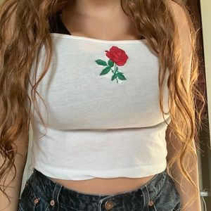 White cropped tank with red rose